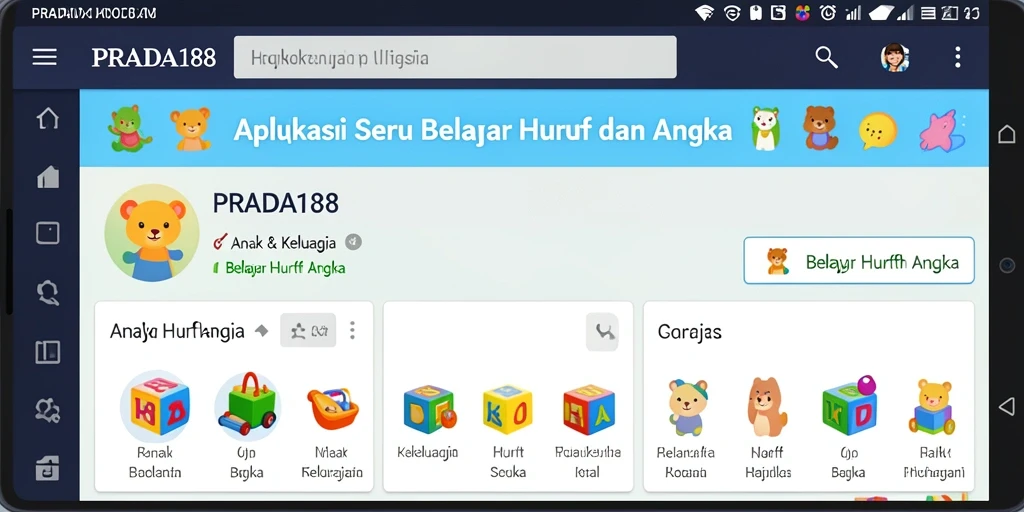 Antarmuka aplikasi PRADA188 yang interaktif untuk belajar huruf dan angka.